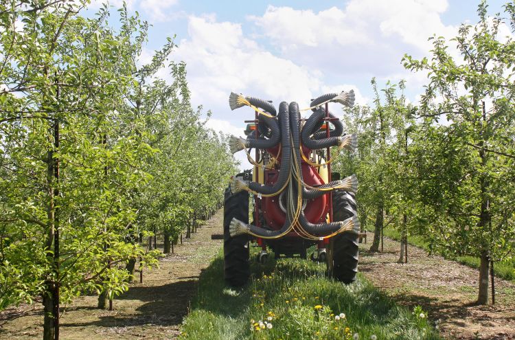 A pesticide applicator driving down a row of fruit tree crops.