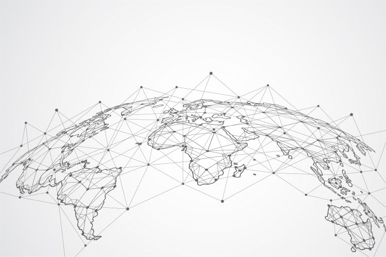 Illustration of Earth with network of lines connecting countries and continents.