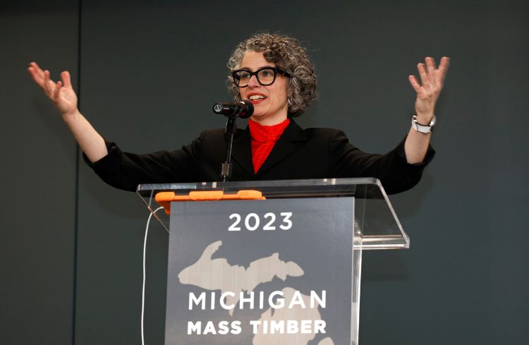 Person speaking at a podium with their arms up in the air.