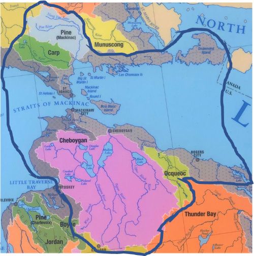 Map showing the watersheds that drain into the Straits of Mackinac.