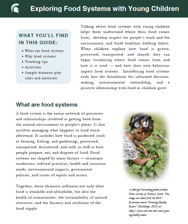 A cover photo of the Exploring Food Systems Report featuring text and a photo of a girl gardening.