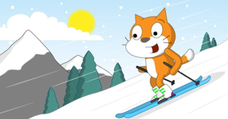 An illustration of an orange and white cat skiing down a mountain on a sunny day.