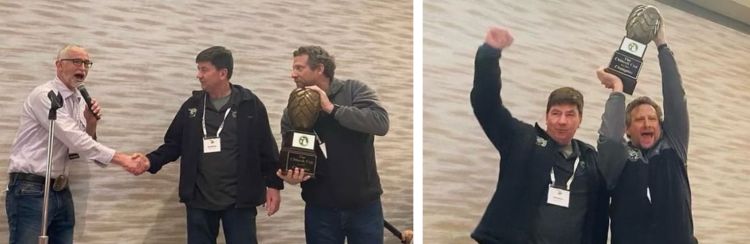 A man shaking hands with another man in one photo, and two men holding a trophy in another photo.