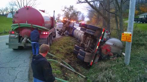 Manure tanker sideways in a road ditch.