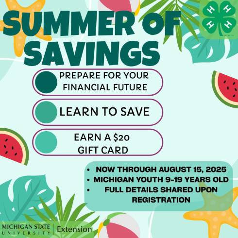 Summer of savings graphic reads summer of savings with repeat details on the program with watermelons, starfish, beach balls and leafy plants in the background.