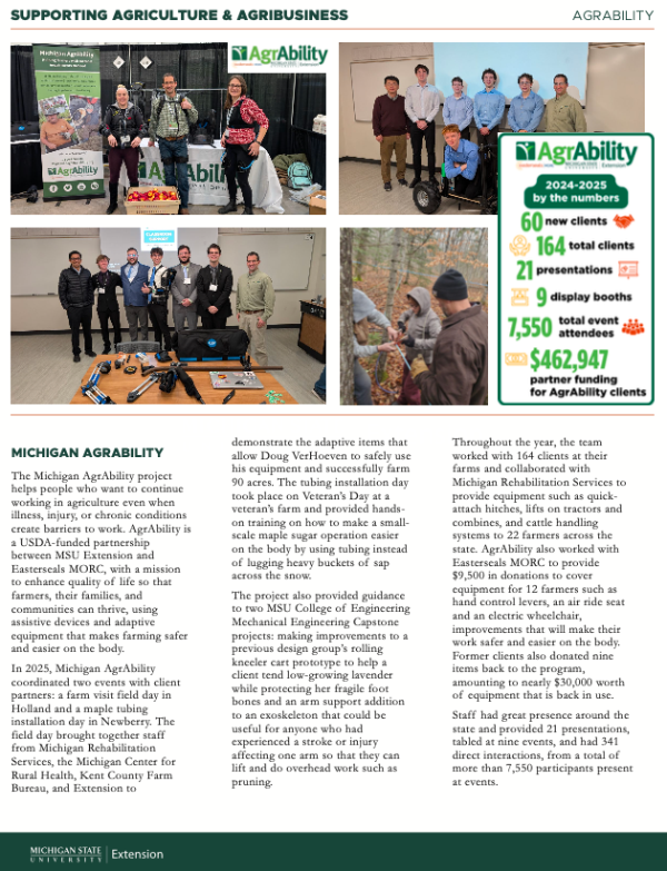 A photo of the AgrAbility and Managing Farm Stress Impact Report 2025 featuring text, photos, and highlights.