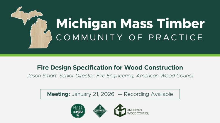 Michigan Mass Timber Community of Practice January 2026 flyer.