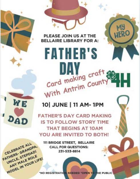 Flyer of Father's Day card craft at the Bellaire Library.