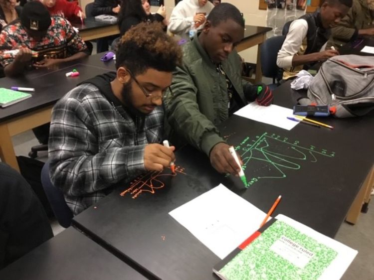 Two boys working on building a graph in new after school program