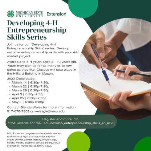 4-H Logo. MSU Extension Logo.Developing 4-H Entrepreneurship Skills Series. Join us for our 