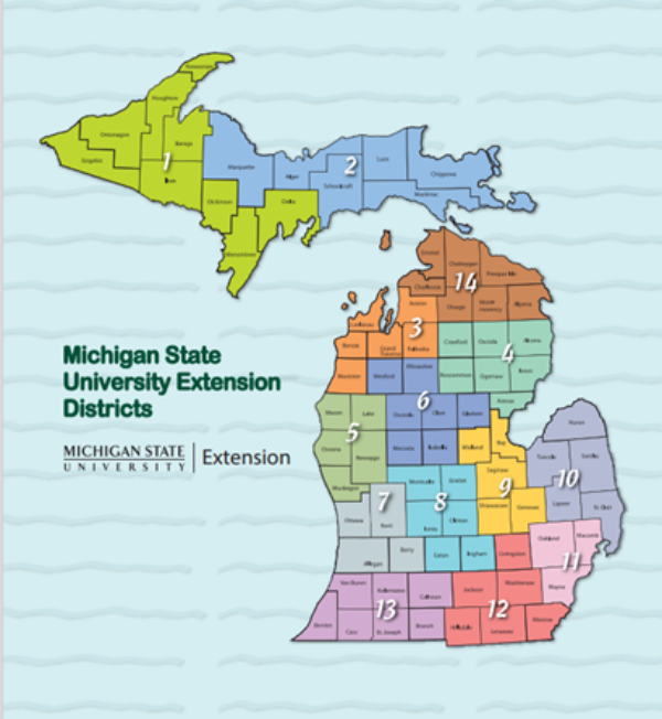 Map of Michigan which illustrates the Food Safety Team's coverage areas for the state of Michigan