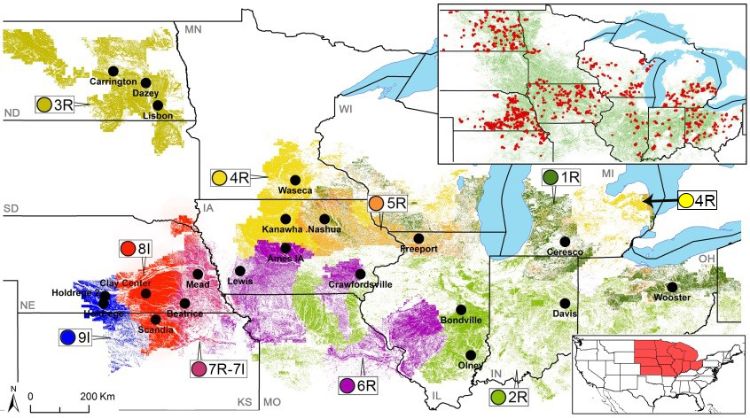 Figure 1. Map of the north central region of the United States showing the 10 regions, weather station locations and the surveyed field locations (top insert).