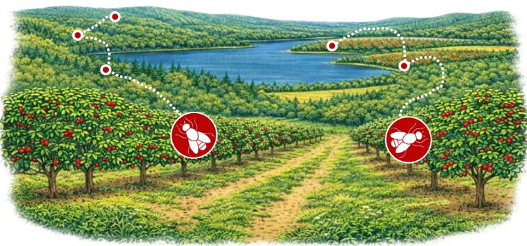 Illustration of a cherry orchard bordered by forest and a lake, highlighting spotted wing drosophila movement from wooded areas into the orchard. White dotted paths and fly icons indicate likely migration routes and recommended trap placement along orchard edges.