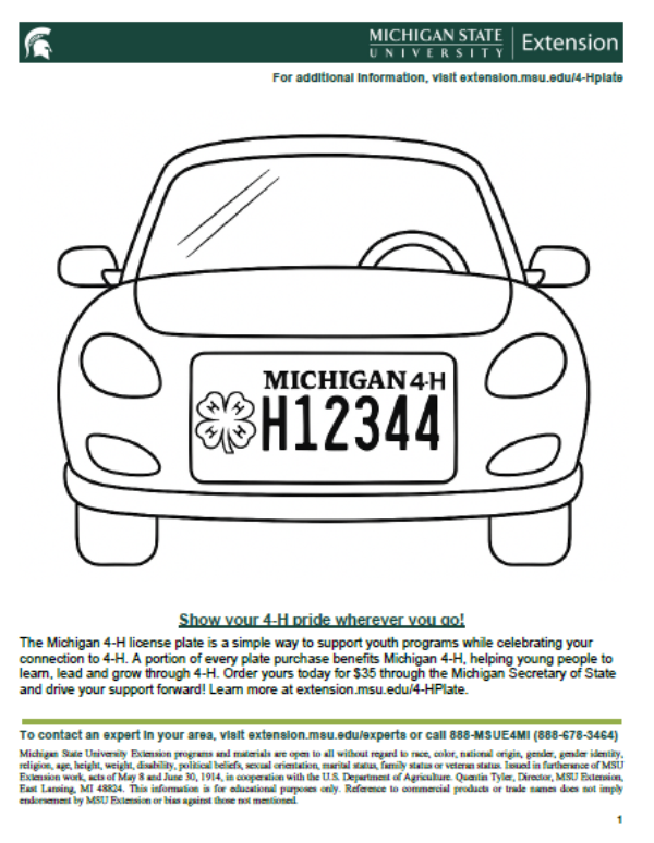 Thumbnail of Michigan 4-H license plate coloring page activity.