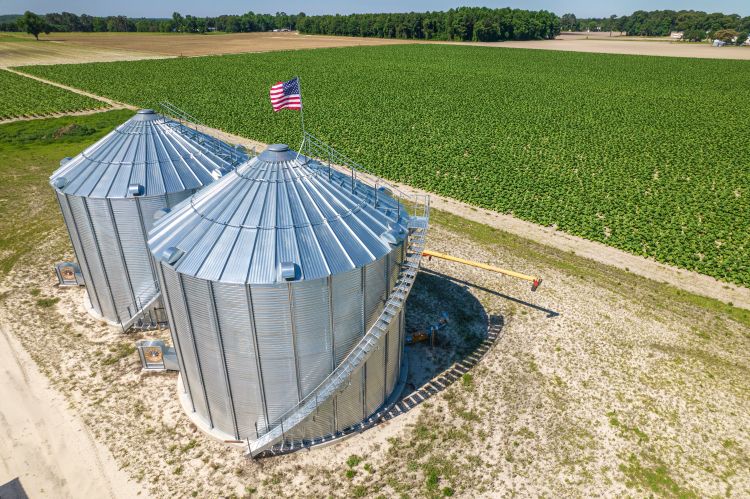 photo of two metal grain bins