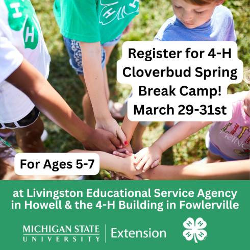 A group of children wearing 4-H shirts that are putting their hands out in a circle and overlapping their hands.