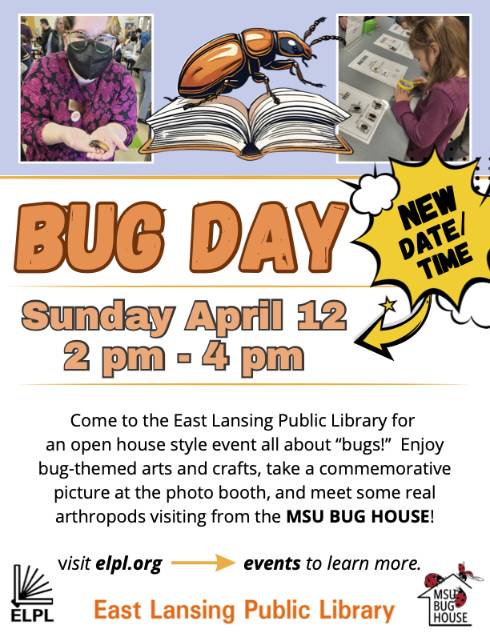 Photos of people holding bugs are shown at the top of the flyer, followed by text that reads 