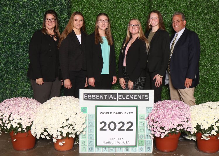 Coach Sarah Back, Laken DuRussel, Grace Brown, Irie Moussiaux, Brianna Hill, and Coach Dr. Joe Domecq at World Dairy Expo.