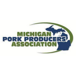 The words Michigan Pork Producers Association in green and blue text. Next to it, the outline of the state of Michigan.