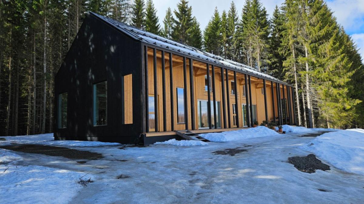 Small mass timber building surrounded by trees and snow.