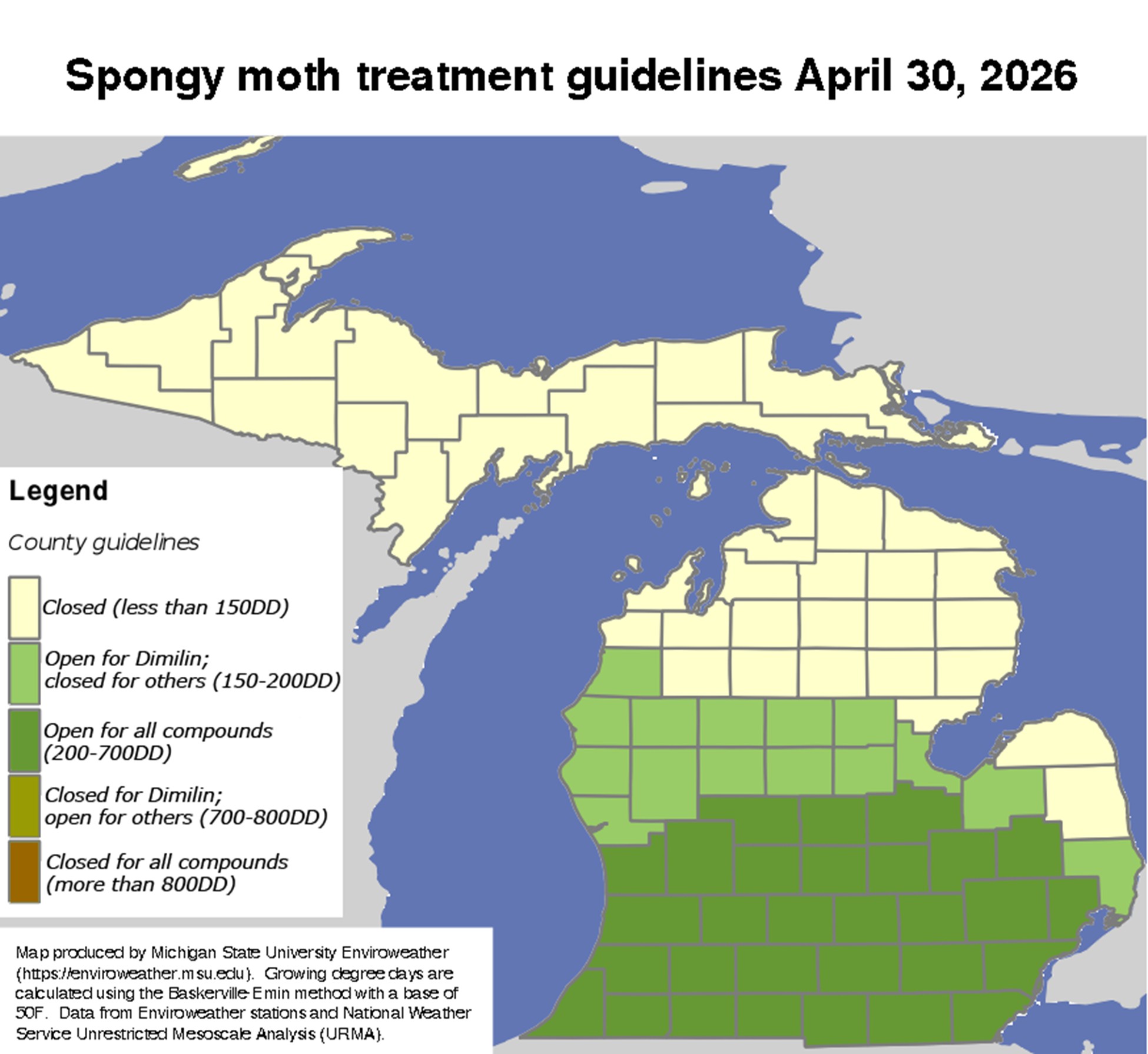 Map of Michigan showing spongy moth treatment guidelines as of April 30, 2026, with northern counties closed for treatment and southern counties open for various control options based on growing degree-days.
