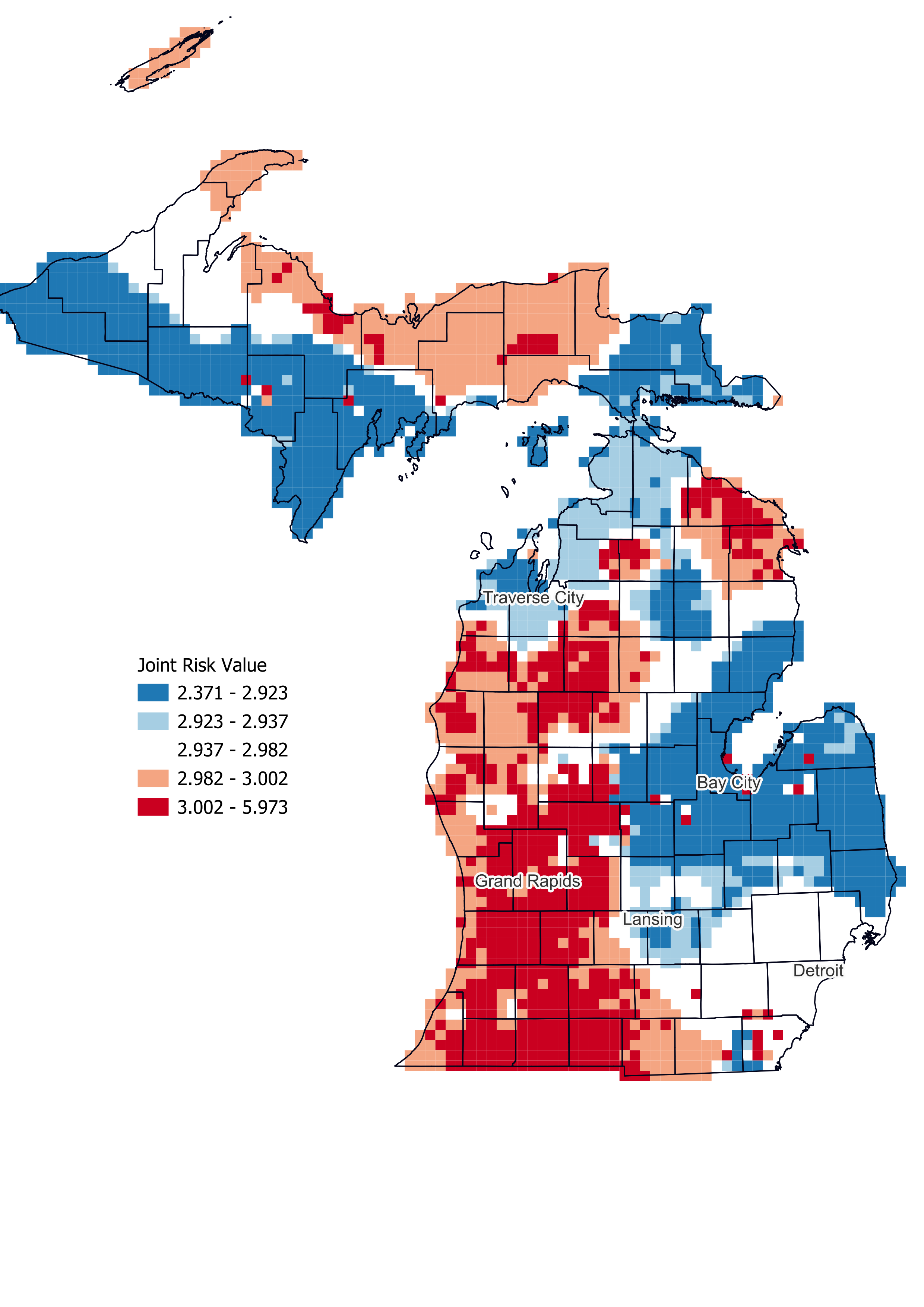 Map of Michigan showing average volunteer potato risk based on soil temperature and potato intensity.