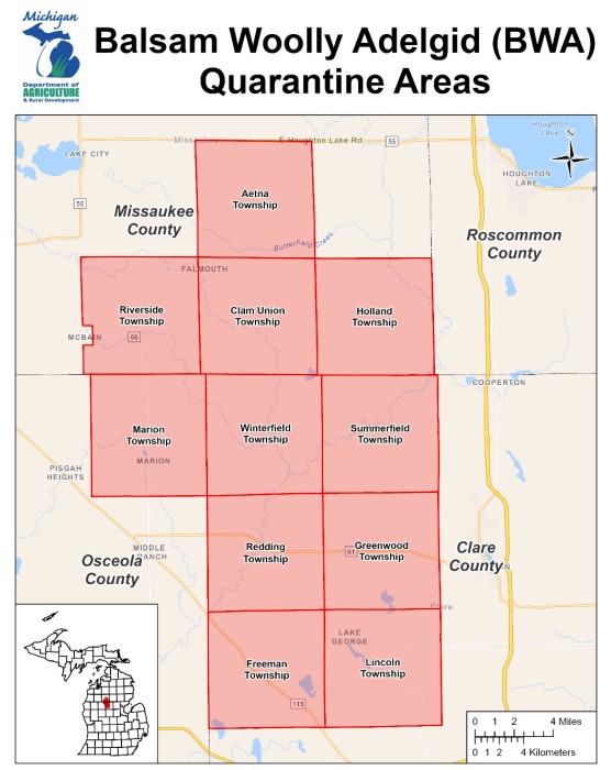 Highlighted townships in Michigan that are part of the BWA quarantine areas. Highlighted townships include Aetna, Riverside, Clam Union, Holland, Marion, Winterfield, Summerfield, Redding and Greenwood.