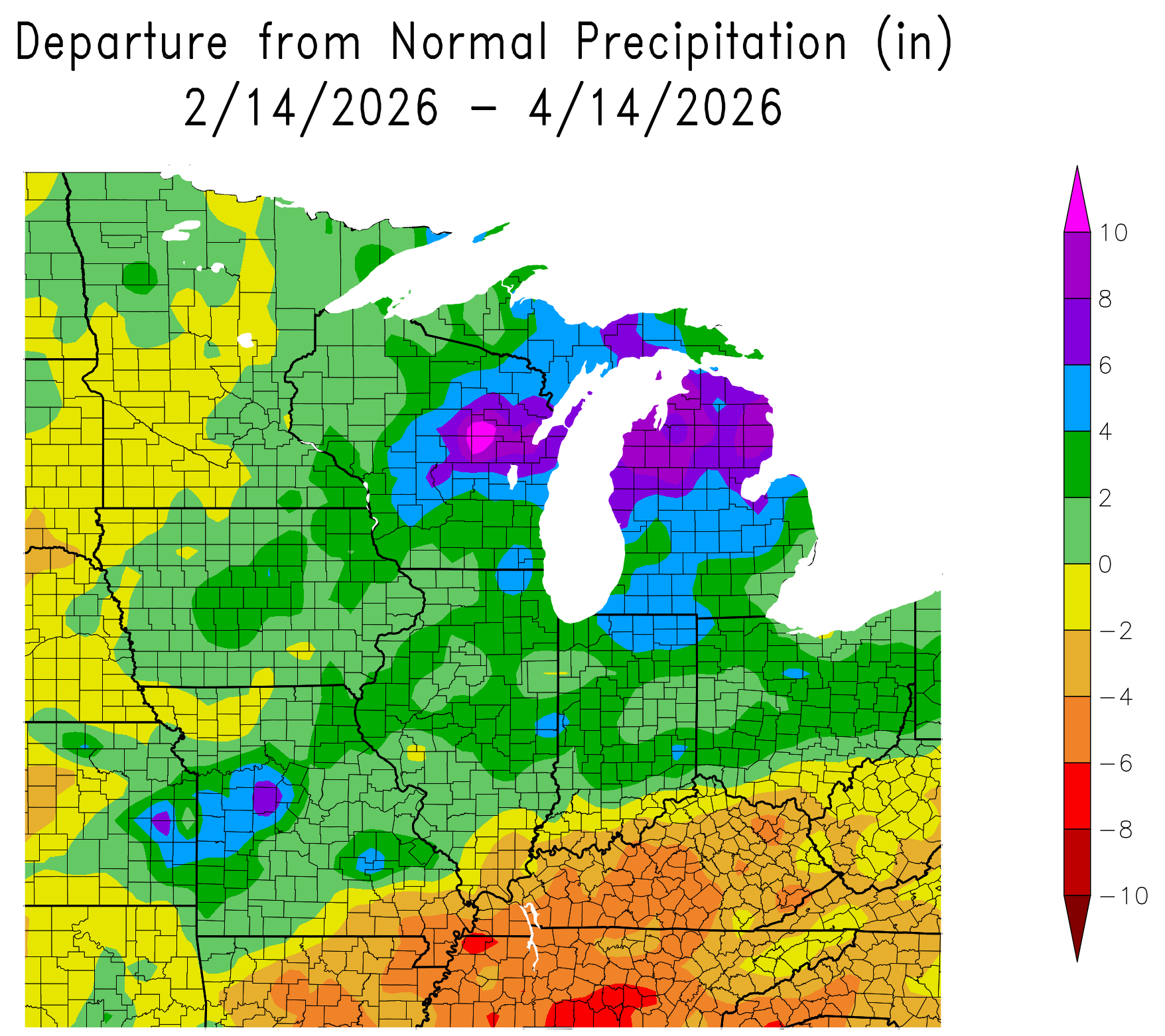 Map of the Great Lakes and Midwest showing precipitation departure from normal from Feb. 14 to April 14, 2026. Much of Michigan and surrounding areas are wetter than normal, with central and northern Michigan showing significant surpluses (blue to purple shading), while parts of the southern Midwest show near- to below-normal precipitation (yellow to red shading).