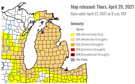 The U.S. Drought Monitor as of April 27, 2021. 