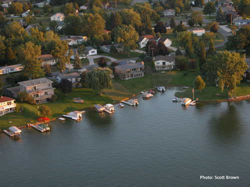 Aerial view of an intensely developed shoreline.